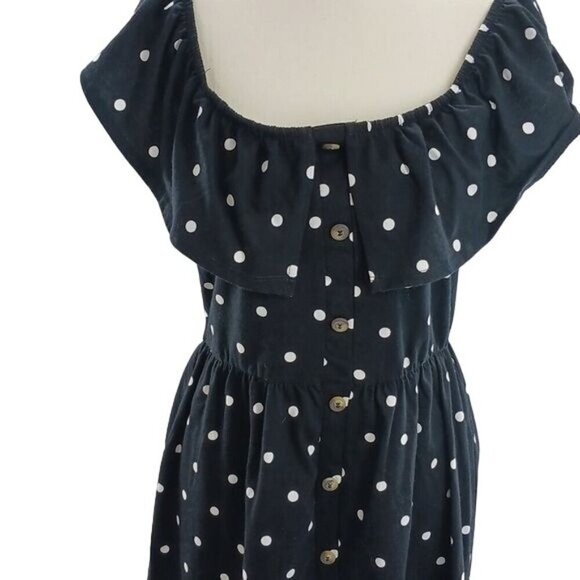 ASOS Dress Womens Size 10 Black White Polka Dot Off Shoulder Ruffle Button Front - Picture 2 of 7
